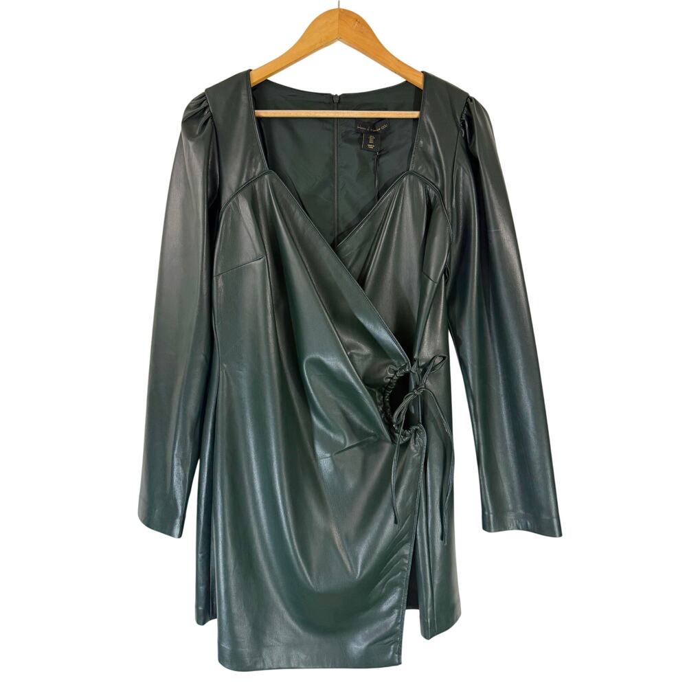 NWT House of Harlow 1960 Vegan Leather Wrap Dress Dark Green Women's Sz L Party - Picture 2 of 8